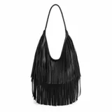 Cartera tipo hobo de color negro, con diseño de múltiples capas de flecos colgantes y correa larga para llevar al hombro.