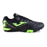 Championes de fútbol 5 Joma Maxima 2401 TF, color negro con detalles en verde neón. Fabricados en material sintético, con suela de goma para césped artificial y cordones para un ajuste seguro.