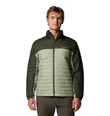 Campera acolchada Columbia modelo Silver Falls II, con diseño bicolor en tonos verde oscuro y verde claro. Cuenta con cierre frontal completo, cuello alto, bolsillos laterales con cierre y puños elásticos.