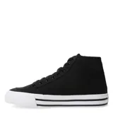 Championes urbanos Puma modelo Court Classic Vulc Mid FS, de caña media, confeccionados en lona negra con la icónica franja lateral en color blanco. Presentan cierre de cordones, cuello acolchado y suela vulcanizada blanca con líneas decorativas negras.