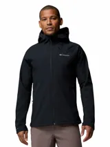 Campera softshell híbrida Columbia Trailborne para hombre, de color negro, con capucha, cierre frontal y bolsillos con cremallera. Cuenta con tecnología Omni-Shield de repelencia al agua y detalles reflectantes.