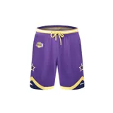 Short de básquet color púrpura con cintura y ruedo en amarillo y azul. Logo de Los Angeles Lakers bordado en el frente y estrellas en los laterales.