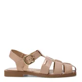 Sandalias franciscanas de cuero negro con tiras cruzadas, suela plana y hebilla metálica dorada lateral.