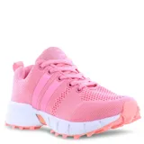 Championes deportivos de tejido de malla color rosado, con cordones al tono, suela blanca con detalles en naranja y refuerzos laterales.