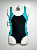 Malla de natación entera con diseño color block en negro y turquesa.