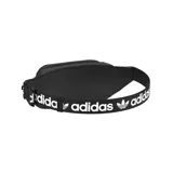 Riñonera Adidas negra con logo blanco estampado en el frente y cierre superior.