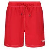 Short de baño rojo de corte regular fit con cintura elastizada ajustable con cordón, bolsillos laterales y logo Wrangler estampado en blanco en la pierna izquierda.