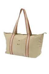 Bolso tote color ladrillo con asas de hombro de cinta gross beige y bolsillo frontal con botón a presión.