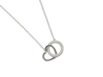 Collar plateado de acero con cadena de eslabones finos y dos dijes entrelazados: un círculo y un corazón.