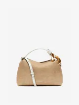 Bolso bandolera color arena de JW Anderson con detalles dorados y correa blanca.