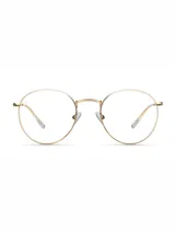 Lentes con filtro de luz azul y protección UV400, con montura redonda de acero inoxidable en color dorado y cristales transparentes.