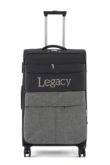 Set de tres valijas negras de tela semi rígida con ruedas y manija extensible. La valija más pequeña tiene el logo 'Legacy' en el frente.