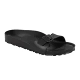 Sandalia Birkenstock modelo Madrid, confeccionada en material EVA ligero y flexible. Presenta una sola tira ajustable con hebilla metálica y plantilla anatómica moldeada.