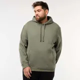 Buzo verde oliva de felpa con capucha, cordones ajustables y bolsillo canguro.