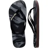 Sandalias de goma Havaianas modelo Top Camu, con estampado camuflado en tonos negro y gris, y tiras negras con el logo de la marca en contraste.