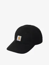 Gorra de béisbol Carhartt modelo Selby, color negro, confeccionada en lona de algodón. Presenta una etiqueta cuadrada con el logo de la marca en el frente y visera curva.