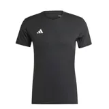 Remera deportiva Adidas de la línea Adizero, diseñada para running. Presenta un diseño minimalista en color negro con cuello redondo, mangas cortas y el logo de la marca en contraste en el pecho. Confeccionada con tecnología AEROREADY para gestión de la humedad y tejido ultraligero.