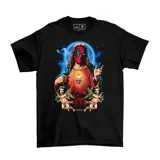 Remera negra de algodón con estampa frontal que fusiona la imagen de Jesús con Deadpool y querubines con el rostro de Wolverine.