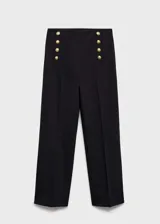 Pantalón de tiro medio y corte recto con diseño crop. Presenta detalles de botones dorados estilo joya en la parte frontal y cierre oculto con cremallera y gancho.