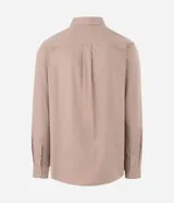 Camisa de manga larga con cuello inglés y cierre frontal de botones, confeccionada en tricolina de algodón color beige.