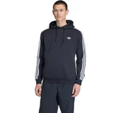 Canguro Adidas con capucha y cordones ajustables, color negro. Presenta las icónicas tres rayas blancas en las mangas y el logo del trébol bordado en el pecho. Incluye bolsillo frontal tipo canguro y puños acanalados.