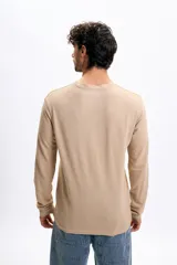 Remera de manga larga color taupe con textura, cuello redondo y corte clásico.