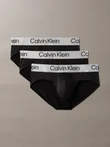 Pack de tres slips negros de microfibra elástica, con cintura elástica plateada con el logo de Calvin Klein.