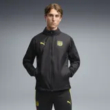 Campera impermeable Puma del Club Atlético Peñarol, modelo All Weather, color negro con detalles en amarillo. Cuenta con cuello alto, cierre frontal completo y bolsillos laterales.