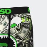 Calzoncillos bóxer estampados con billetes de 100 dólares y diseño de boca de tiburón verde.