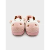 Pantuflas de peluche con diseño de vaca, confeccionadas en piel sintética suave. Cuentan con suela de goma antideslizante y diseño abierto en el talón.