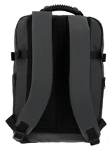 Mochila urbana de poliéster reciclado resistente al agua, con compartimento principal, bolsillo para laptop de 15 pulgadas y compartimentos frontales con cierre. Incluye correas ajustables, pasador para maleta y llavero mosquetón decorativo.