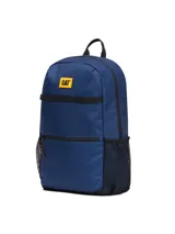 Mochila azul de la marca Cat, modelo Liam Backpack, con compartimento principal con cierre, bolsillo frontal con cierre, bolsillos laterales de malla y el parche con el logo de Cat en amarillo.