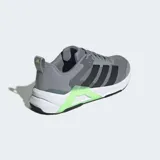 Championes de entrenamiento Adidas Dropset Control, color gris con detalles en negro y verde. Presentan ajuste ancho, mediasuela estable y sistema de torsión de TPU en el mediopié. El exterior es de tejido de malla.