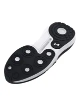 Championes Under Armour modelo Phantom 4, de diseño urbano y técnico. Presentan una capellada de tejido de punto negro con cuello elástico tipo calcetín, contrafuerte de TPU en el talón y una entresuela blanca con tecnología de amortiguación UA HOVR+.