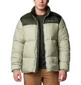 Campera puffer Columbia modelo Puffect III, con diseño de bloques de color en verde oscuro y beige. Presenta cuello alto, cierre frontal completo, bolsillos laterales con cierre y puños elásticos.