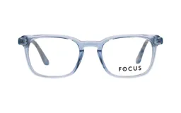 Armazón de anteojos Focus Premium modelo 4185, de diseño rectangular con marco de acetato transparente en tono azulado.