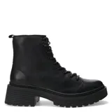 Botas tipo borceguí de cuero negro con cordones, suela track robusta y taco cuadrado.