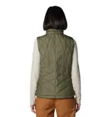 Chaleco acolchado Columbia color verde oliva, con tecnología termorreflectante Omni-Heat y tratamiento repelente Omni-Shield. Presenta cierre frontal de dos vías, bolsillos laterales con cremallera, bolsillo interior de seguridad y cuello forrado en felpa.