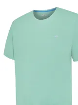 Remera de jersey 100% algodón orgánico marca RKF, de color verde menta, con cuello redondo, manga corta y calce regular. Cuenta con un pequeño parche del logo bordado en el pecho.