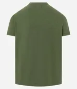Remera verde militar de algodón texturizado, corte regular, cuello redondo y mangas cortas. Estampa tropical de una casa y palmeras en el pecho.