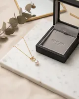 Collar de plata 925 con baño de oro, compuesto por una cadena fina y un dije circular que sostiene una perla natural y una pequeña circonia brillante.
