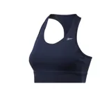 Top deportivo de alto impacto Reebok, color azul marino, con espalda cruzada y banda ancha bajo el busto.