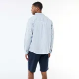Camisa de algodón de manga larga con diseño de rayas verticales en tonos celestes y oscuros, cuello camisero y cierre frontal de botones.