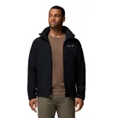 Chaqueta softshell Columbia con capucha desmontable, cierre frontal completo, bolsillo con cremallera en el pecho y bolsillos laterales. Cuenta con tecnología resistente al agua y puños ajustables.