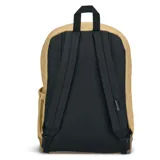 Mochila Jansport Right Pack color beige con base de cuero marrón. Tiene un compartimento principal con cierre, un bolsillo frontal con cierre, un asa de mano superior y correas acolchadas ajustables para los hombros. El logo de Jansport está bordado en la parte delantera.