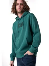 Buzo canguro verde con capucha y cordones de ajuste, bolsillo tipo kline y logotipo de CAT bordado en el pecho.