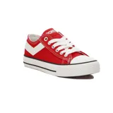 Championes urbanos de lona color rojo con detalles en blanco, suela de goma blanca con líneas negras y puntera redondeada.