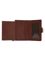 Billetera tipo tarjetero de cuero marrón, con cierre a presión y logo grabado de un pato en la parte inferior.