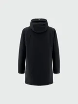 Parka de nylon elastizado color azul marino, con capucha ajustable, cierre frontal de cremallera y bolsillos laterales con solapa. Presenta un diseño de corte recto y largo por debajo de la cadera.