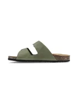 Sandalia de dos tiras ajustables con hebillas metálicas, marca Hush Puppies. Presenta una base de corcho y suela de goma antideslizante, con diseño ergonómico.